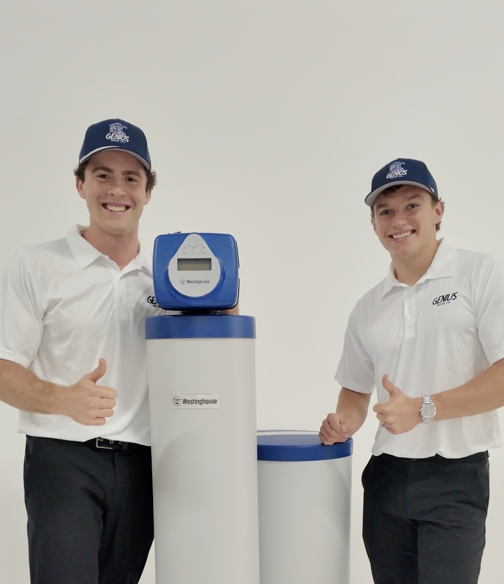 Genius Water Co. founders Mitch and Charlie with a Westinghouse water softener system